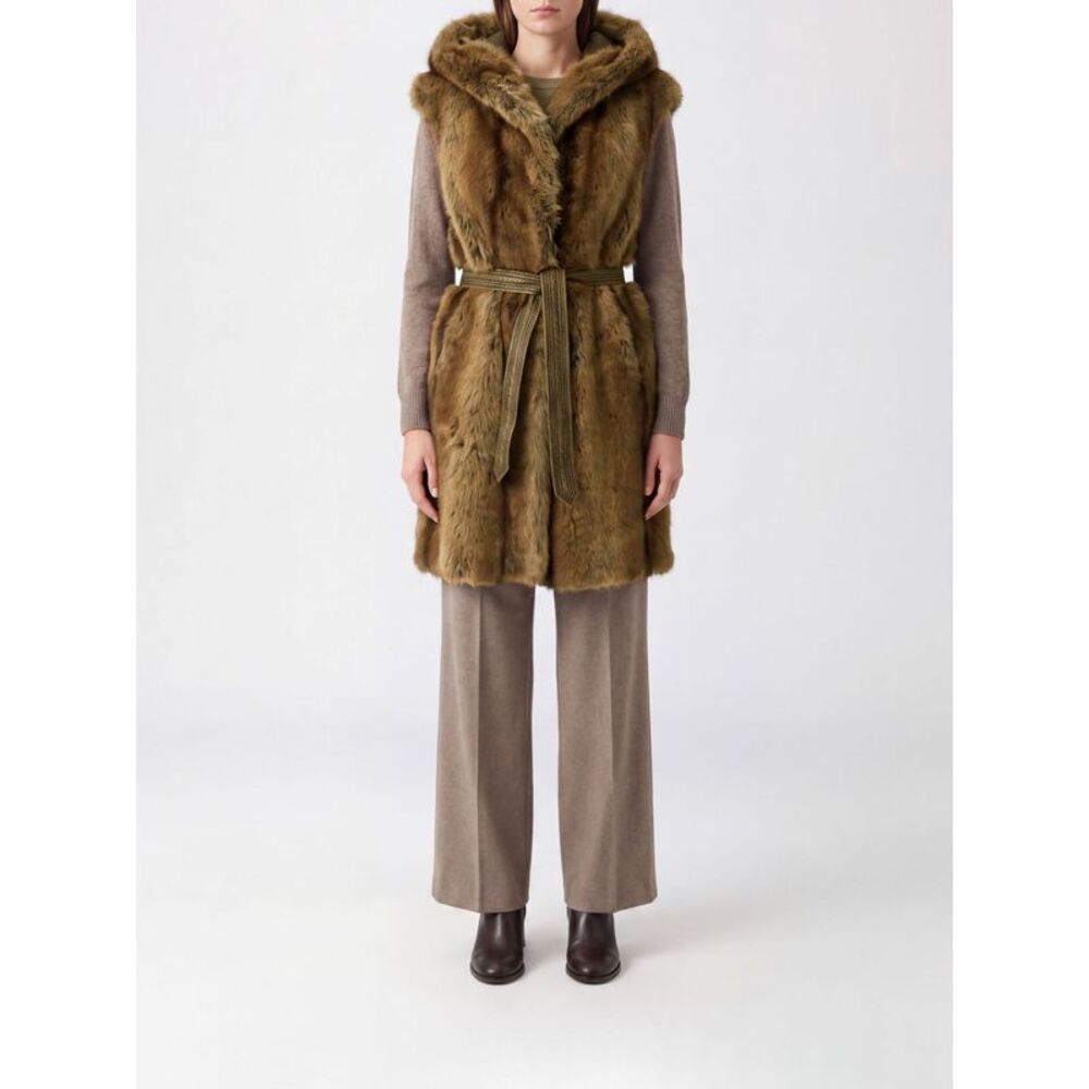 Pinko Women Pinko Galearis Long Faux Fur Vest With Hood And Belt